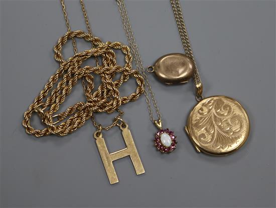 A 9ct gold, ruby and opal cluster pendant on chain, a 9ct gold H initial pendant on chain and three other items
